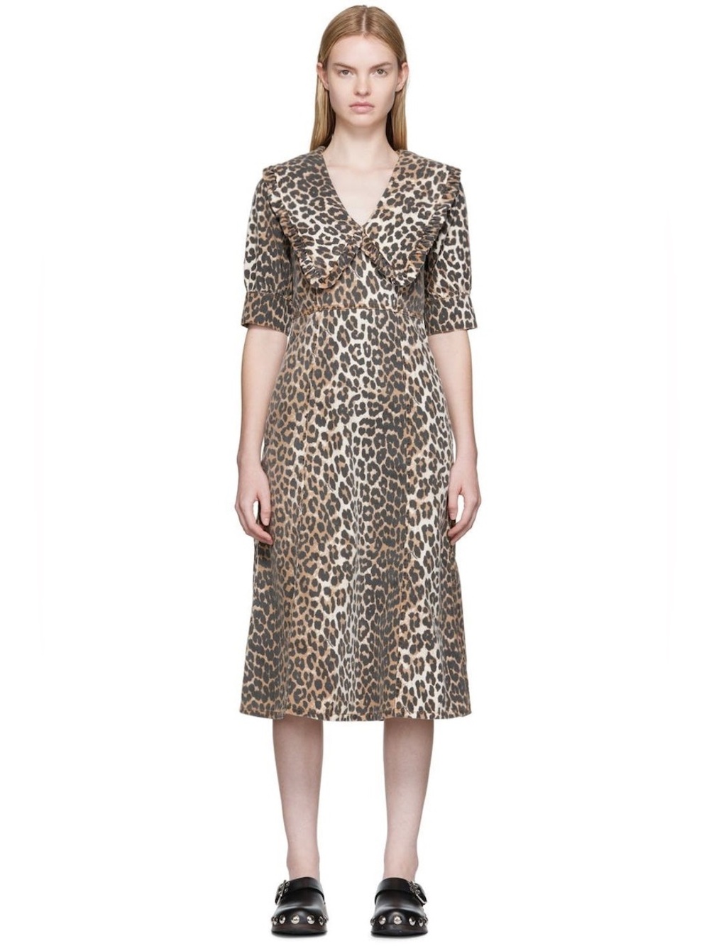 Ganni large collar animal print dress large 40